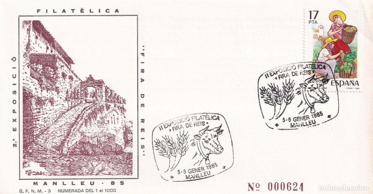 Sellos: Sobre Manlleu 1985 - 2&ordf; Exposici&oacute; filat&egrave;lica Fira de Reis - Matasellos especiales