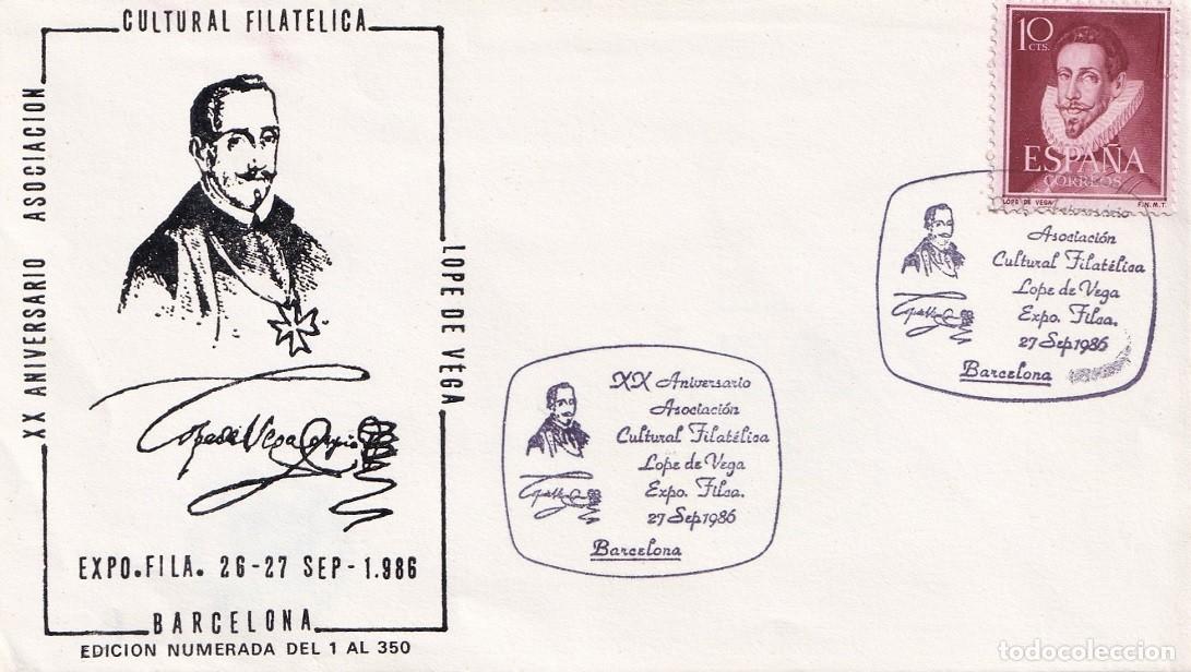 Sellos: Sobre Barcelona 1986 N&ordm; 100 de 350 - XX Aniversario Asociaci&oacute;n Cultural Filat&eacute;lica Lope de Vega