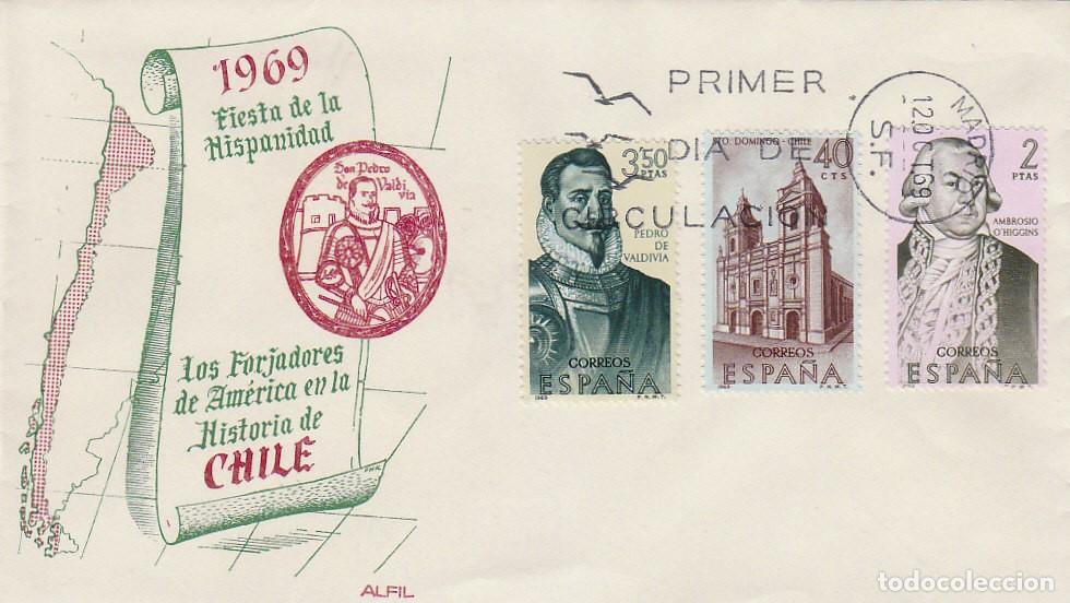 Sellos: EDIFIL 1939, 1941 Y 1943, FORJADORES DE AMERICA,CHILE, PRIMER DIA DE 12-10-1969, SOBRE DE ALFIL