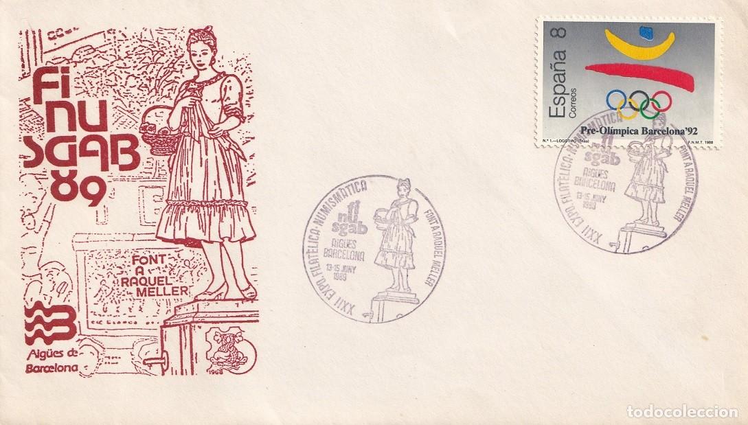 Sellos: Sobre Finusgab 1989 Font a Raquel Meller - Aig&uuml;es Barcelona - XXII Exposici&oacute; filat&eacute;lica numism&agrave;tica