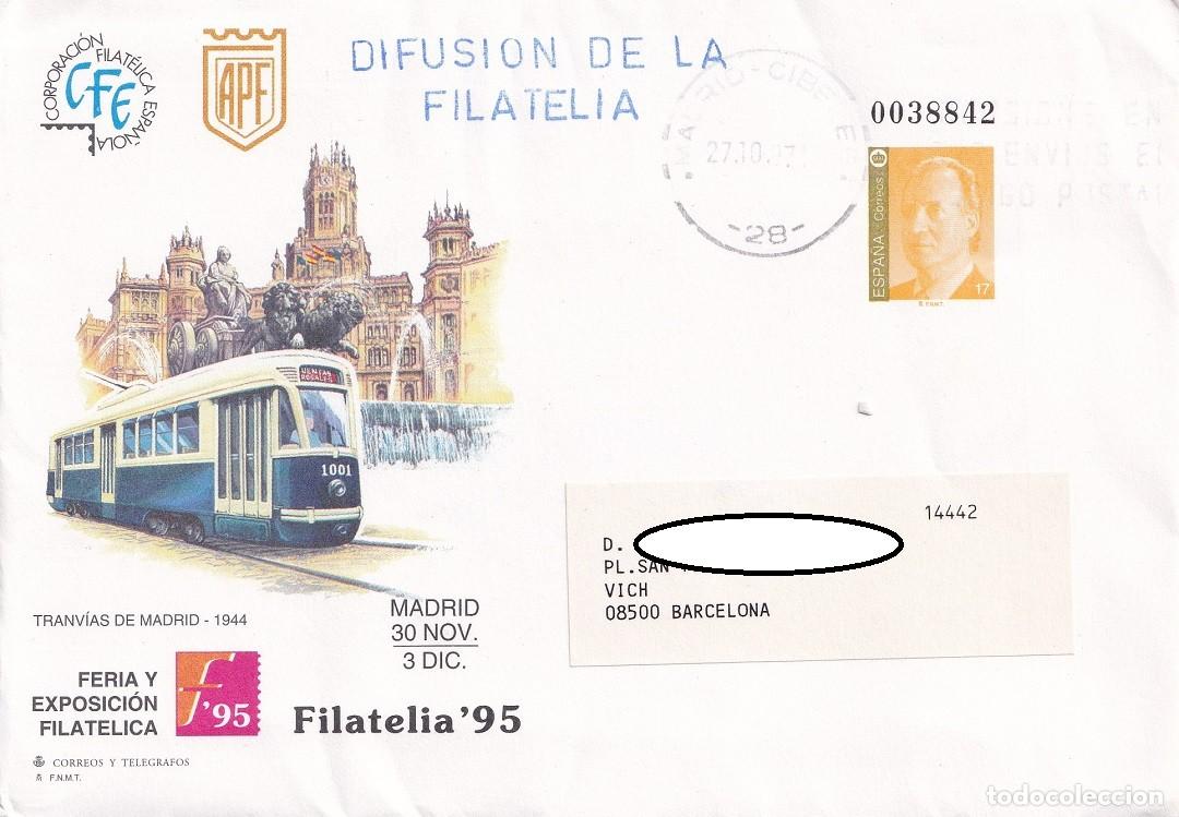 Sellos: Sobre entero postal circulado - Filatelia 95 - Feria y Exposici&oacute;n Filat&eacute;lica - Tranv&iacute;as de Madrid