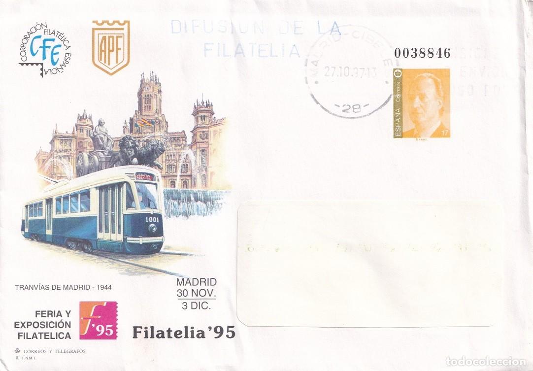 Sellos: Sobre entero postal circulado - Filatelia 95 - Feria y Exposici&oacute;n Filat&eacute;lica - Tranv&iacute;as de Madrid
