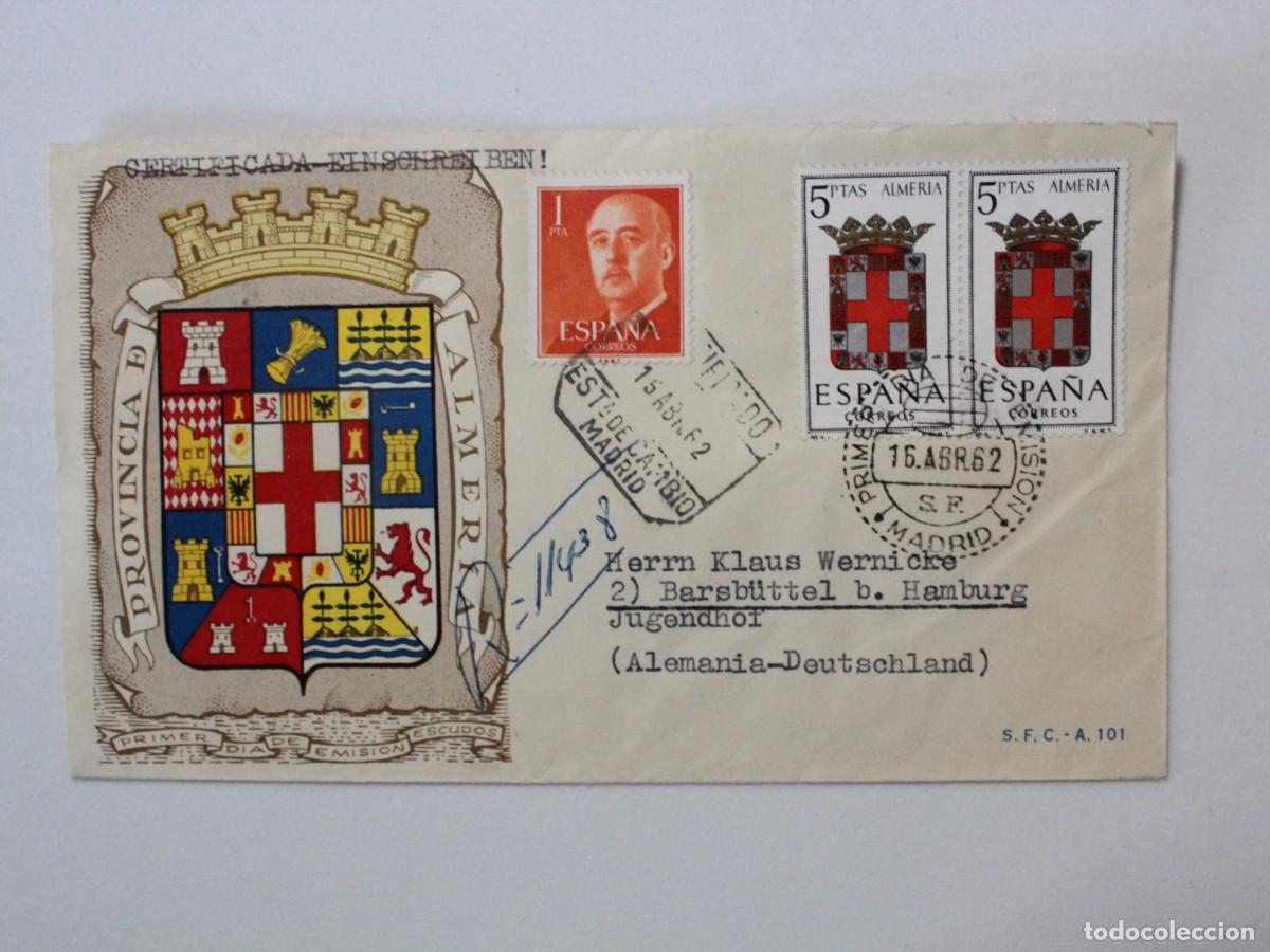 Sellos: Sobre Primer D&iacute;a de Circulaci&oacute;n Escudo Provincial de Almer&iacute;a 1962 Franco Filatelia Espa&ntilde;a