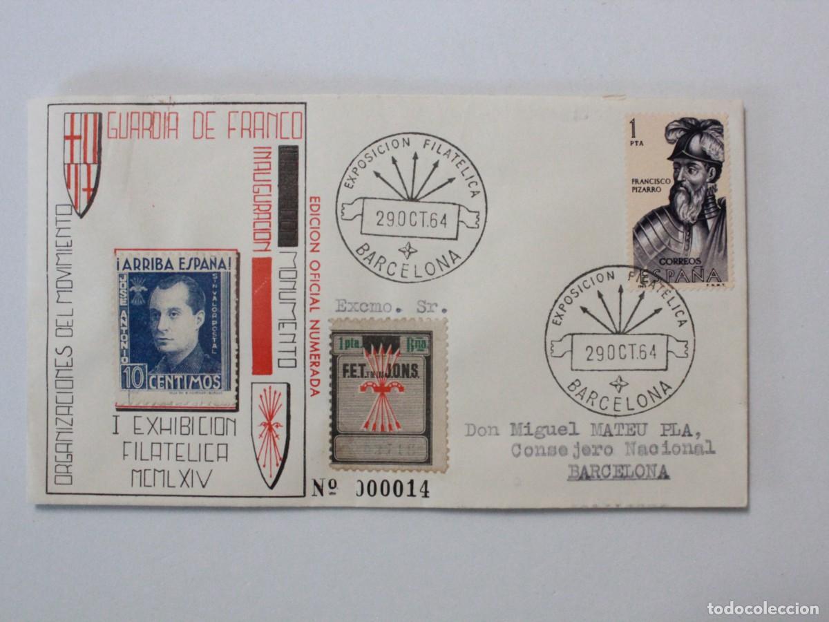 Sellos: Sobre Exposici&oacute;n Filat&eacute;lica Guardia de Franco Barcelona 1964 Edici&oacute;n Oficial Numerada