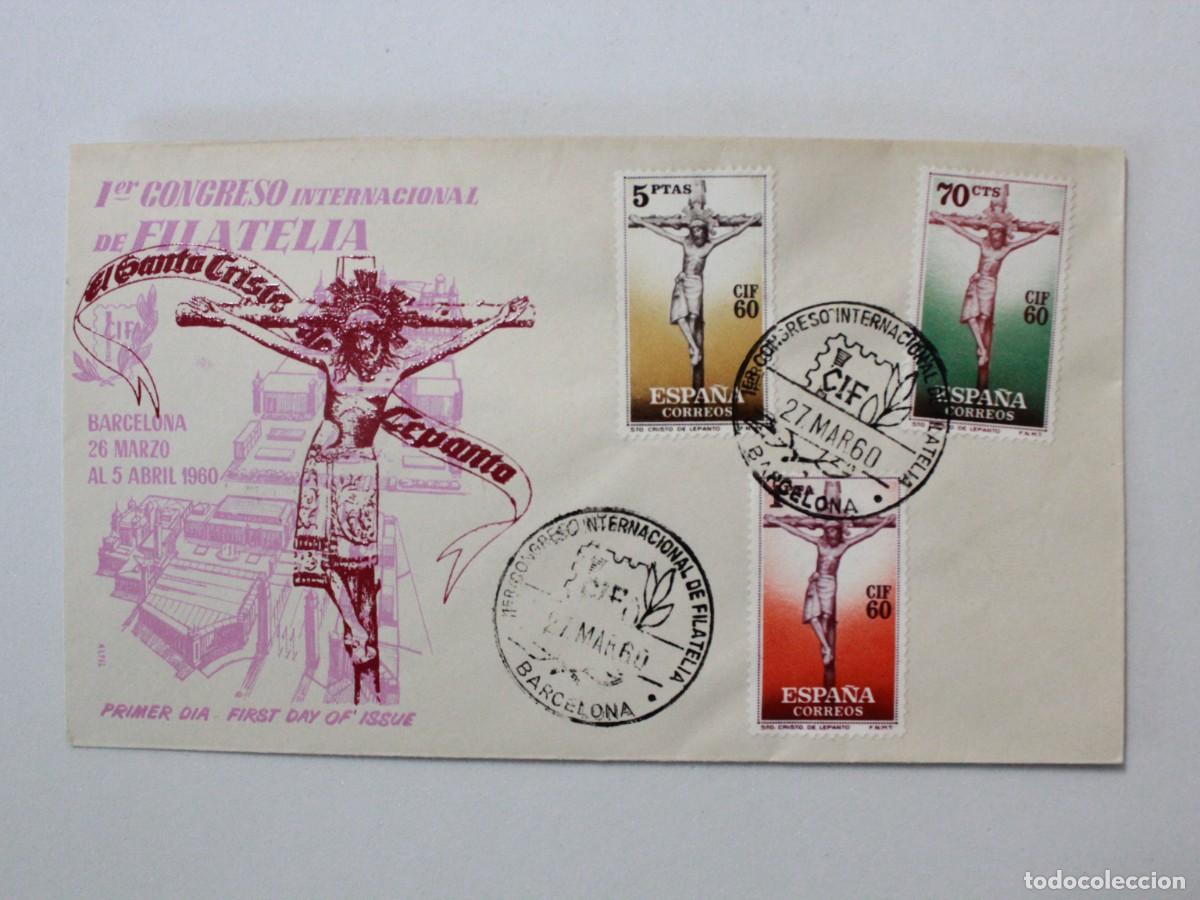 Sellos: Sobre Primer Congreso Internacional de Filatelia Barcelona 1960 Cristo de Lepanto Serie Completa
