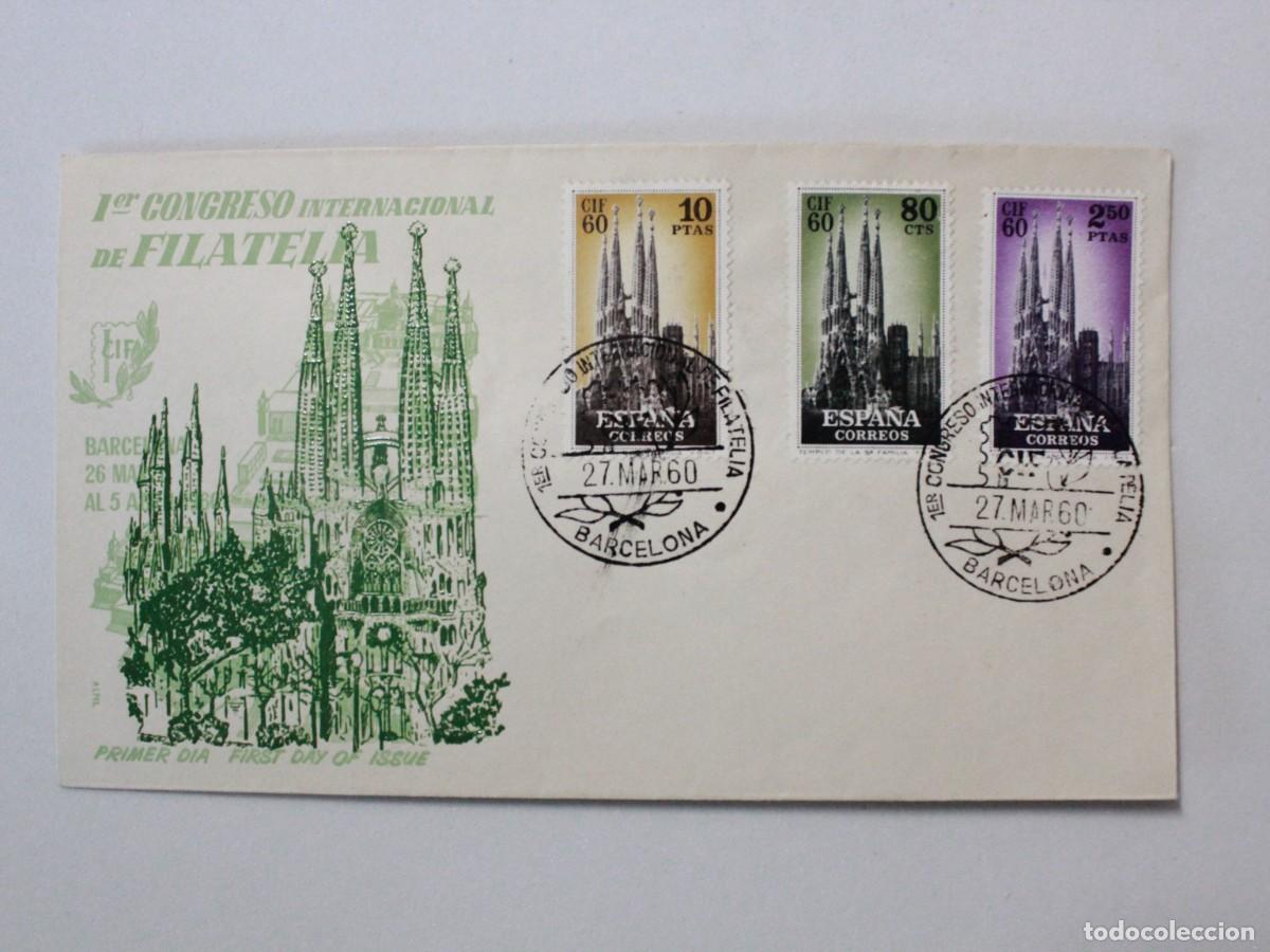 Sellos: Sobre Primer Congreso Internacional de Filatelia Barcelona 1960 Sagrada Familia Serie Completa