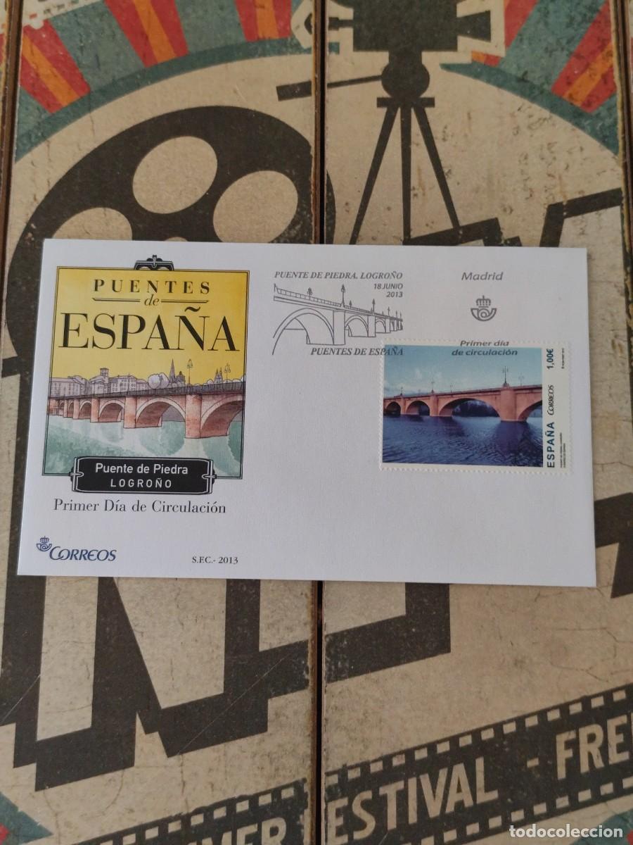 Sellos: 98 Puentes de Espa&ntilde;a Puente de Piedra Logro&ntilde;o 18/6/13 Sobre primer d&iacute;a