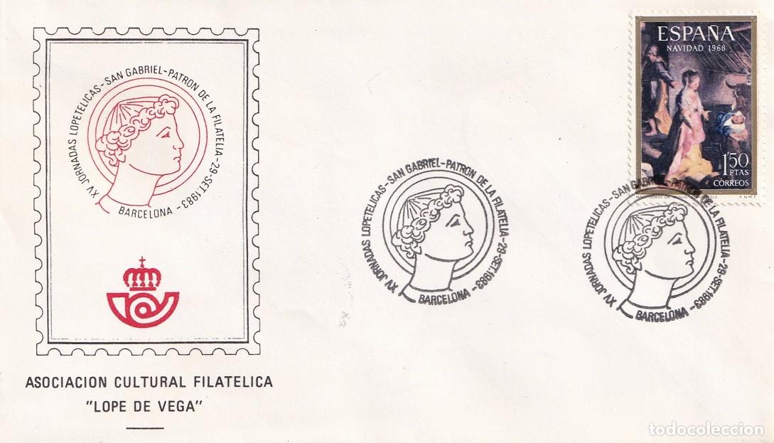 Sellos: Sobre Barcelona 1983 - San Gabriel patr&oacute;n de la filatelia - XV Jornadas lopet&eacute;licas - Asociaci&oacute;n Cul