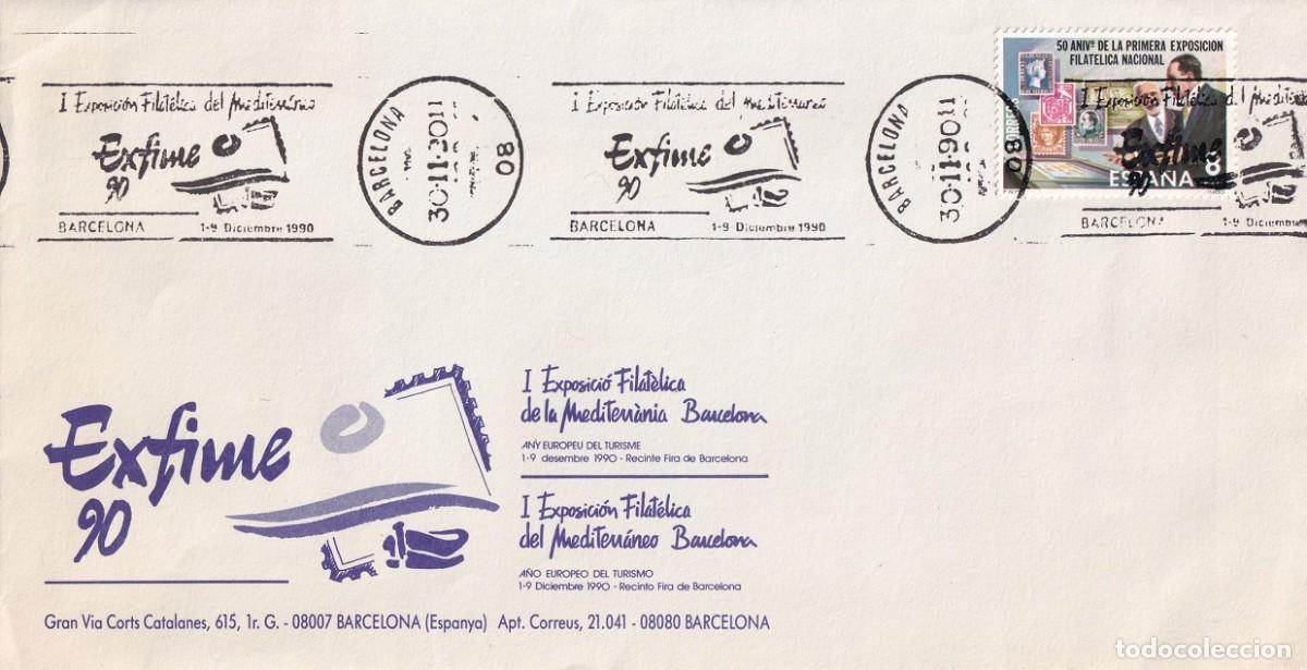 Sellos: Sobre Barcelona 1990 - Exfime 90 - I Exposici&oacute;n Filat&eacute;lica del Mediterr&aacute;neo - Matasellos rodillo