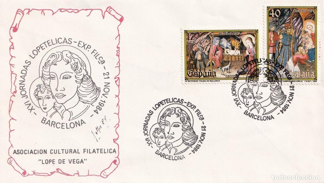 Sellos: Sobre Barcelona 1984 - Navidad - XVI Jornadas Lopet&eacute;licas - Exposici&oacute;n filat&eacute;lica - Lope de Vega