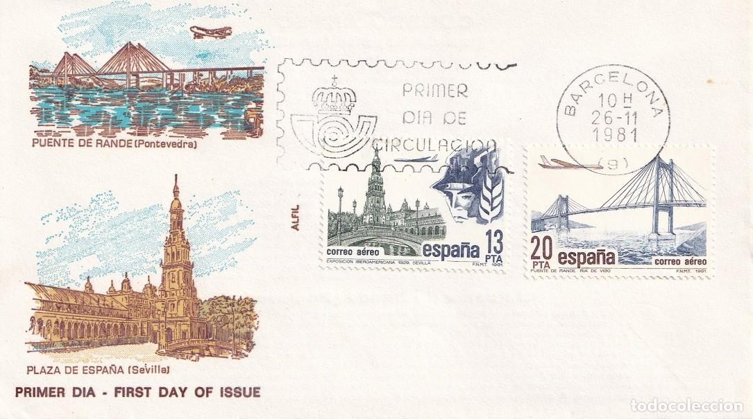 Timbres: SPD Alfil Barcelona 1981 - Correo a&eacute;reo - Plaza de Espa&ntilde;a en Sevilla - Puente de Rande en Pontevedra