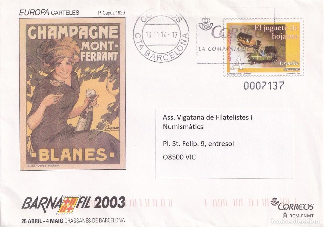 Briefmarken: Sobre Barcelona 2014 - Barnafil 2003 - Europa Carteles P. Capuz 1920 Blanes Champagne Mont-Ferrant