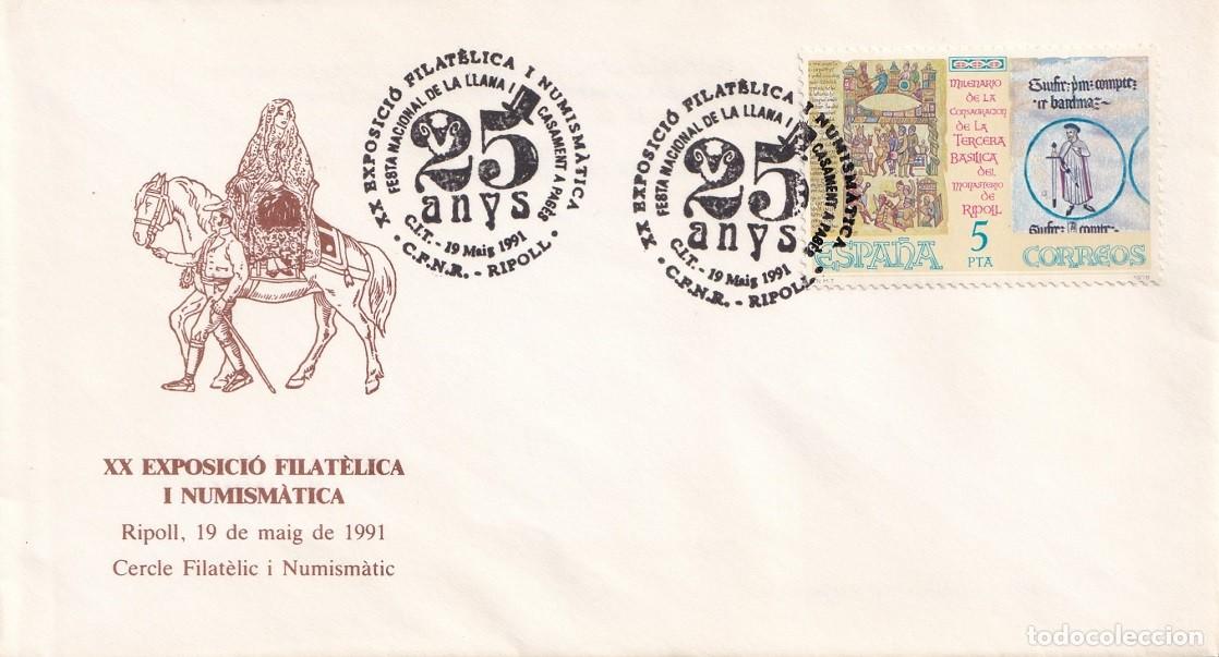 Stamps: Sobre Ripoll 1991 - 25 Anys Festa Nacional de la llana i casament a pag&egrave;s - XX Exp Filca i Numis