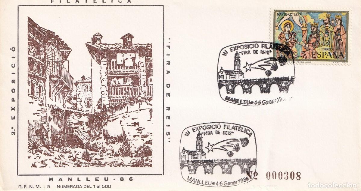 Sellos: Sobre Manlleu 1986 - III Exposici&oacute; filat&egrave;lica Fira de Reis - N&ordm; 308 de 500 - Matasellos especiales