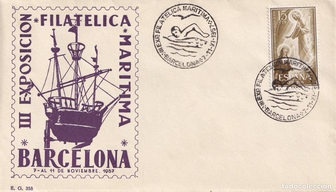 Sellos: Sobre Barcelona 1957 - III Exposici&oacute;n filat&eacute;lica mar&iacute;tima - Matasellos especiales