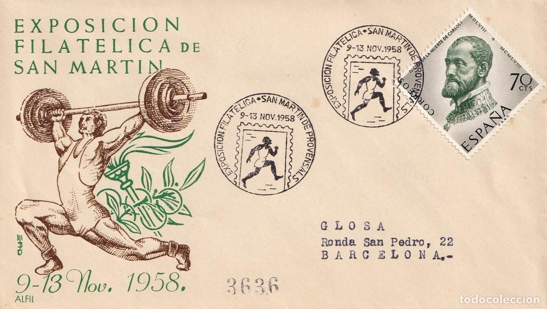 Sellos: Sobre San Mart&iacute;n de Provensals 1958 (Barcelona) - IX Exposici&oacute;n filat&eacute;lica - Matasellos especiales