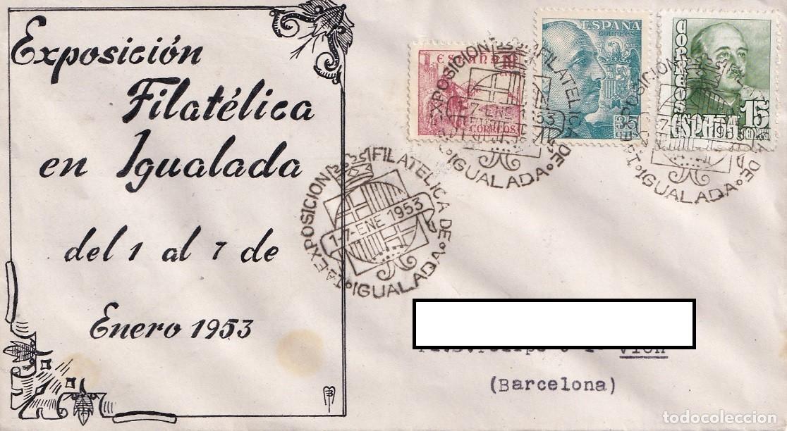 Sellos: Sobre Igualada 1953 - Exposici&oacute;n filat&eacute;lica en Igualada del 1 al 7 de enero - Matasellos especiales