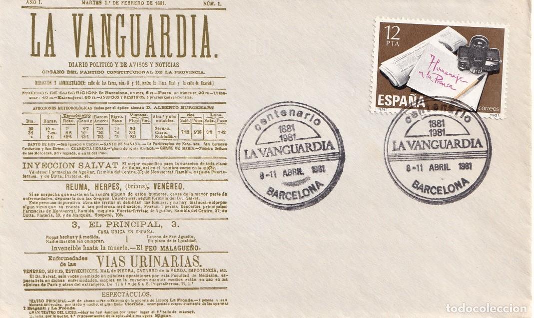 Sellos: Sobre Barcelona 1981 - Homenaje a la prensa - Centenario de la Vanguardia 1881-1981 - Matasellos