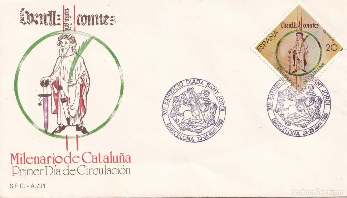 Sellos: SPD Barcelona 1989 - Milenario de Catalu&ntilde;a Catalunya - XVI Exhibici&oacute; Diada Sant Jordi - Matasellos