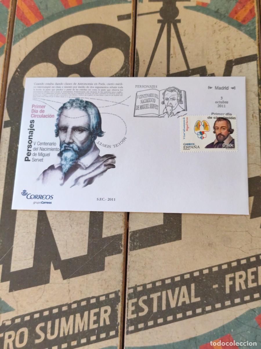 Sellos: 176 Personajes V Centenario Miguel Servet 3/10/11 Sobre primer d&iacute;a