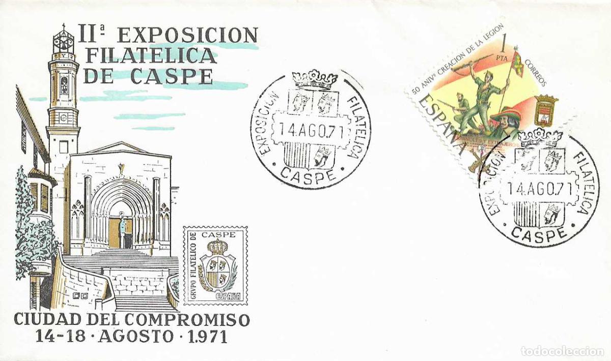 Sellos: II EXPOSICION FILATELICA, CASPE (ZARAGOZA) 14 AGOSTO 1971. MATASELLOS EN RARO SOBRE GRUPO FILATELICO