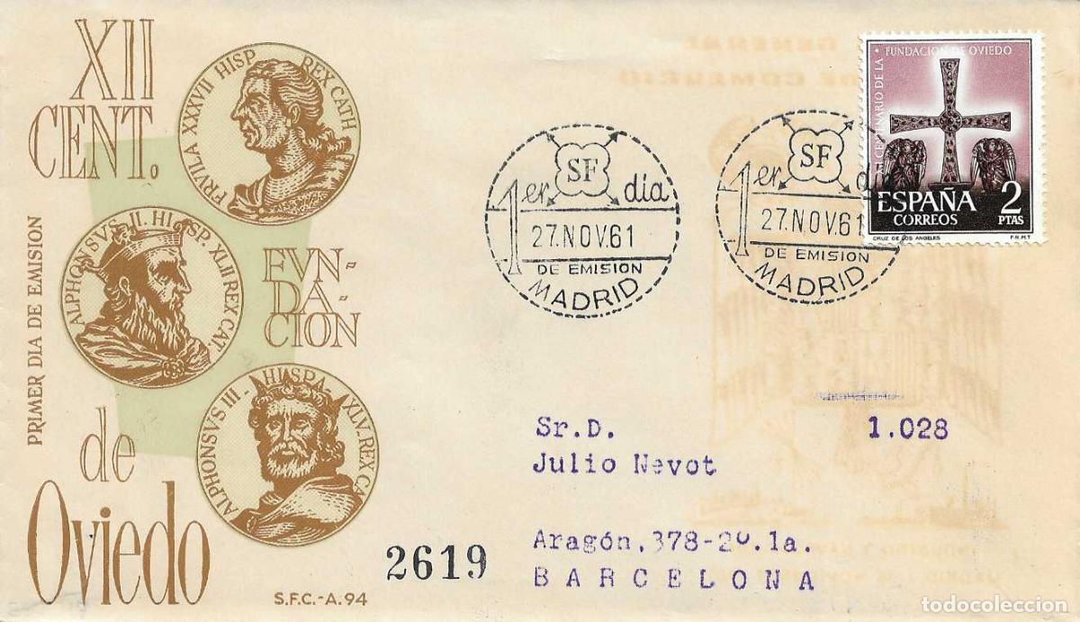 Timbres: FUNDACION DE OVIEDO ASTURIAS XII CENTENARIO 1961 (EDIFIL 1396) SPD CIRCULADO SERVICIO FILATELICO XZX
