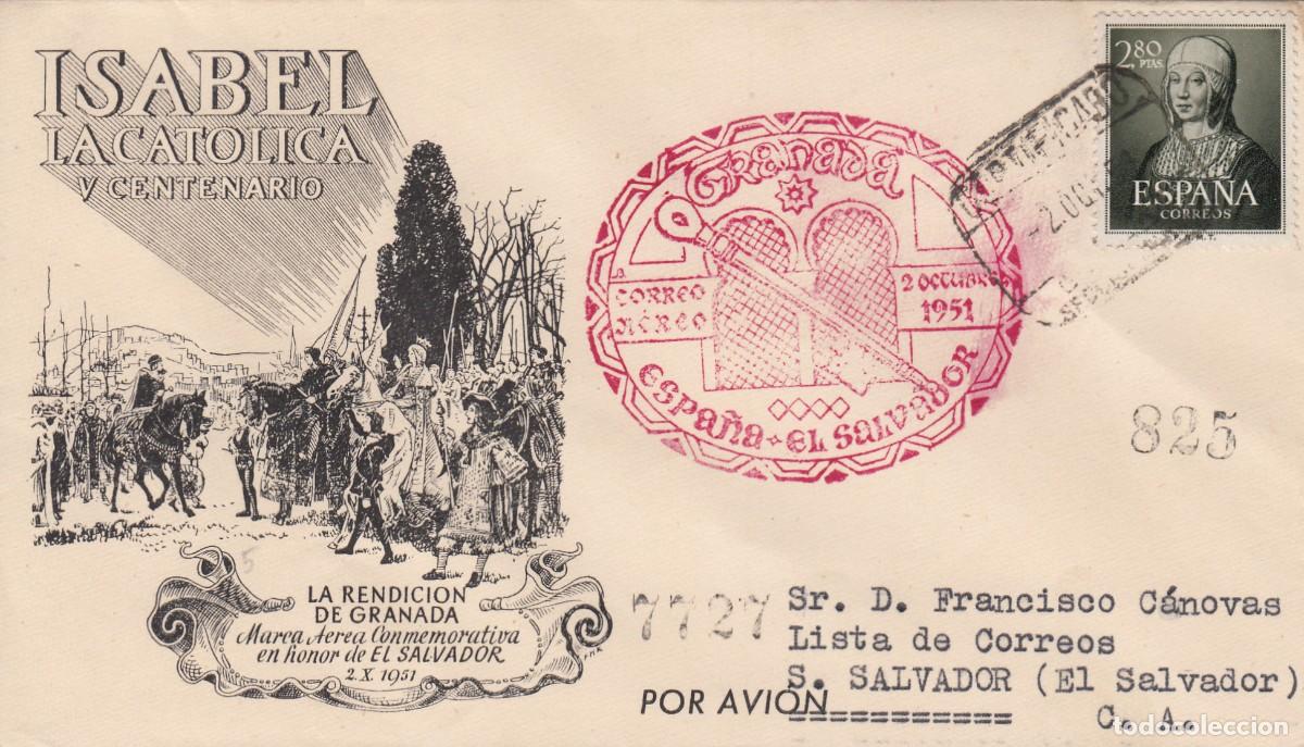 Sellos: MATASELLOS ROJO - CORREO A&Eacute;REO ESPA&Ntilde;A - EL SALVADOR - GRANADA - 1951 - CARTA DEVUELTA