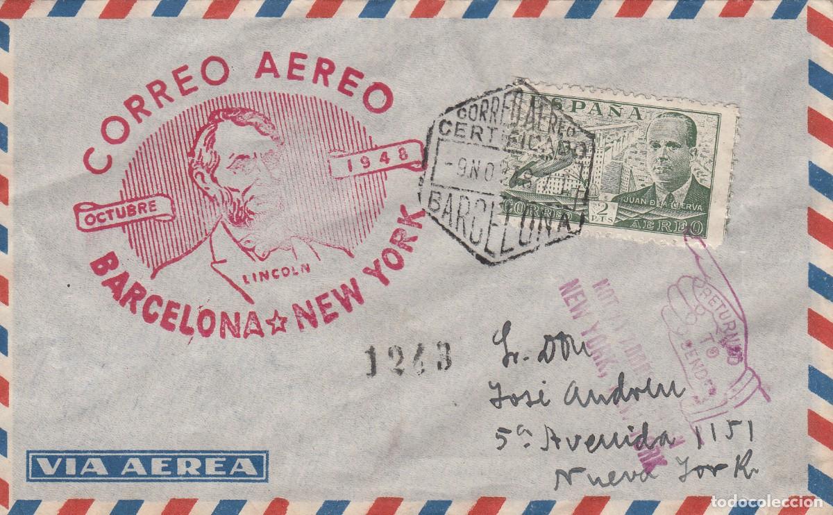 Briefmarken: MATASELLOS ROJO - CORREO A&Eacute;REO III BARCELONA - NEW YORK - 1946 - CARTA DEVUELTA