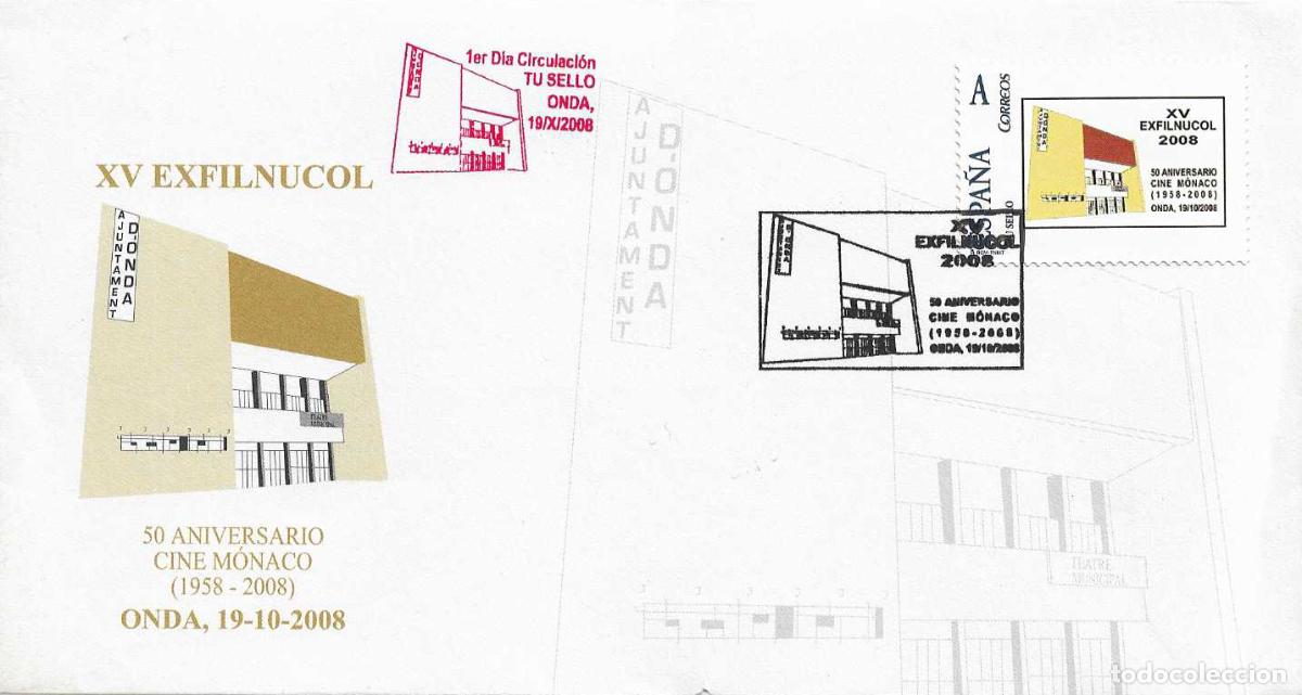 Sellos: RARO TU SELLO CINE MONACO 50 ANIVERSARIO XV EXFILNUCOL, ONDA (CASTELLON) 2008 EN SOBRE ILUSTRADO VER