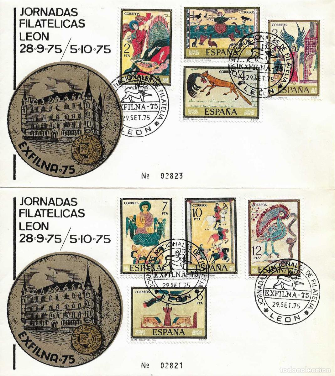 Sellos: JORNADAS NACIONALES FILATELIA, LEON 29 SEPTIEMBRE 1975 MATASELLOS EN DOS SPD CODICES (EDIFIL 2284/91