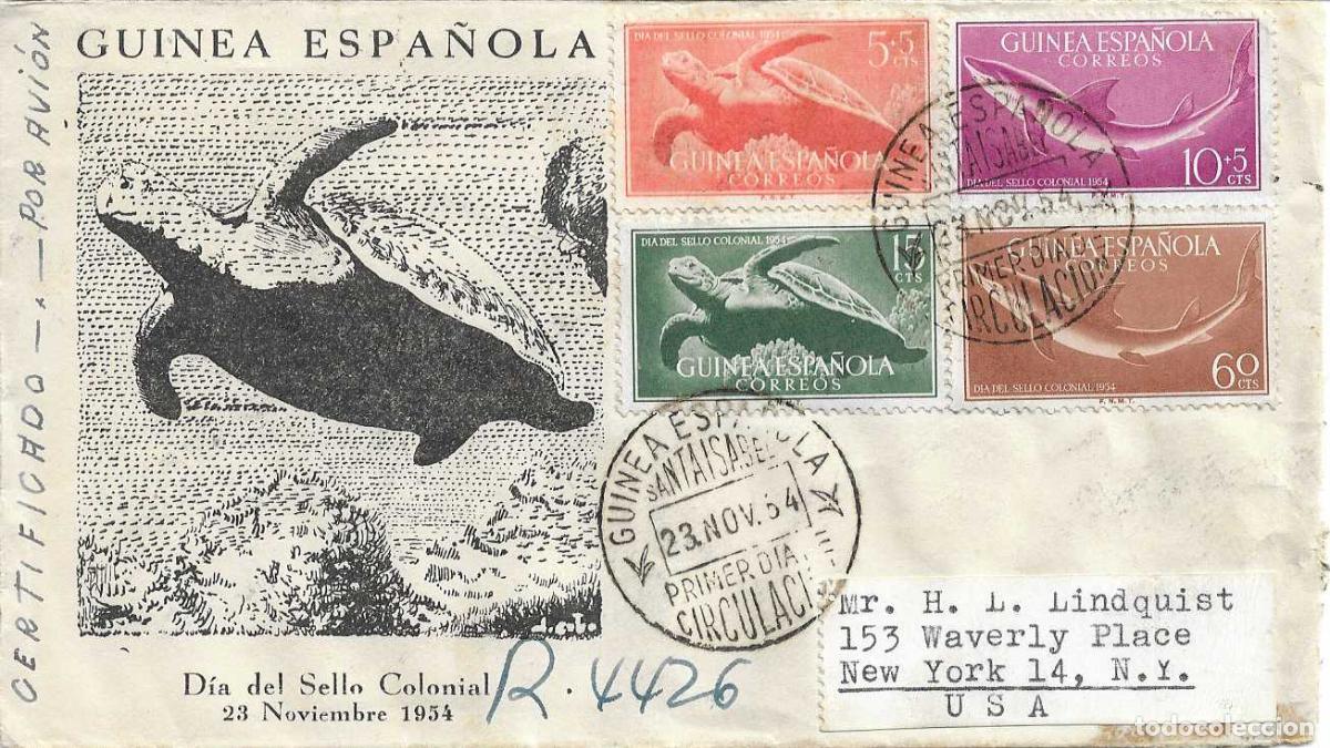Sellos: GUINEA ESPA&Ntilde;OLA FAUNA MARINA DIA SELLO COLONIAL 1954 (EDIFIL 338/41) RARO SPD CIRCULADO VER REVERSO