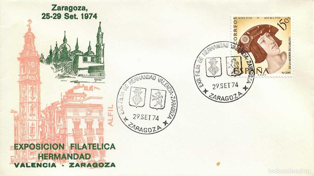 Stamps: HERMANDAD VALENCIA ZARAGOZA EXPOSICION FILATELICA, ZARAGOZA 1974. MATASELLOS EN SOBRE ALFIL EL PILAR