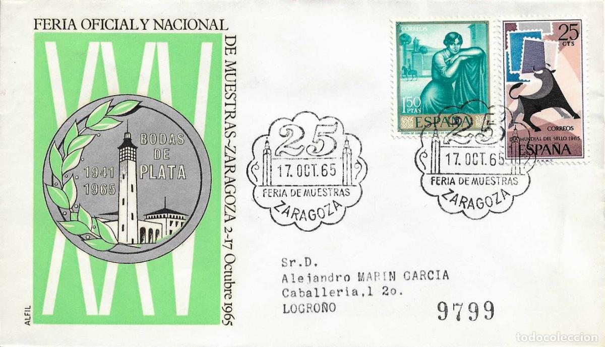 Francobolli: 25 XXV FERIA DE MUESTRAS, ZARAGOZA 17 OCTUBRE 1965. RARO MATASELLOS EN SOBRE CIRCULADO DE ALFIL RWR