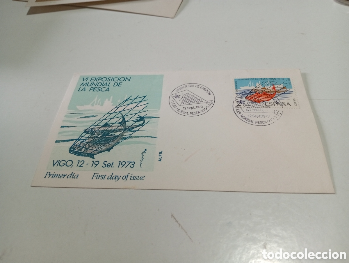 Sellos: Sobre primer d&iacute;a de circulaci&oacute;n Vl exposici&oacute;n mundial de la pesca Vigo 1973
