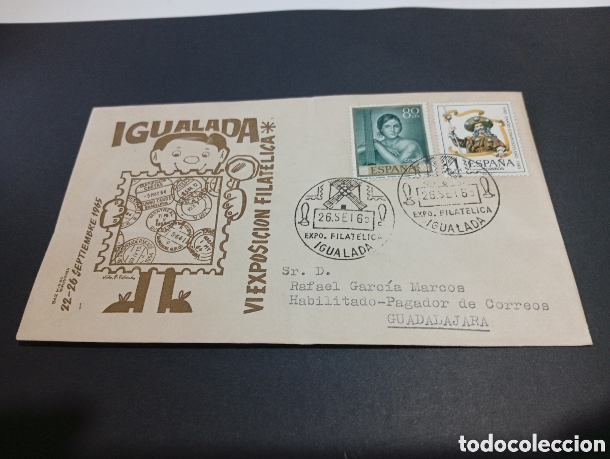 Sellos: Sobre primer d&iacute;a de circulaci&oacute;n Vl exposici&oacute;n filat&eacute;lica Igualada 1965