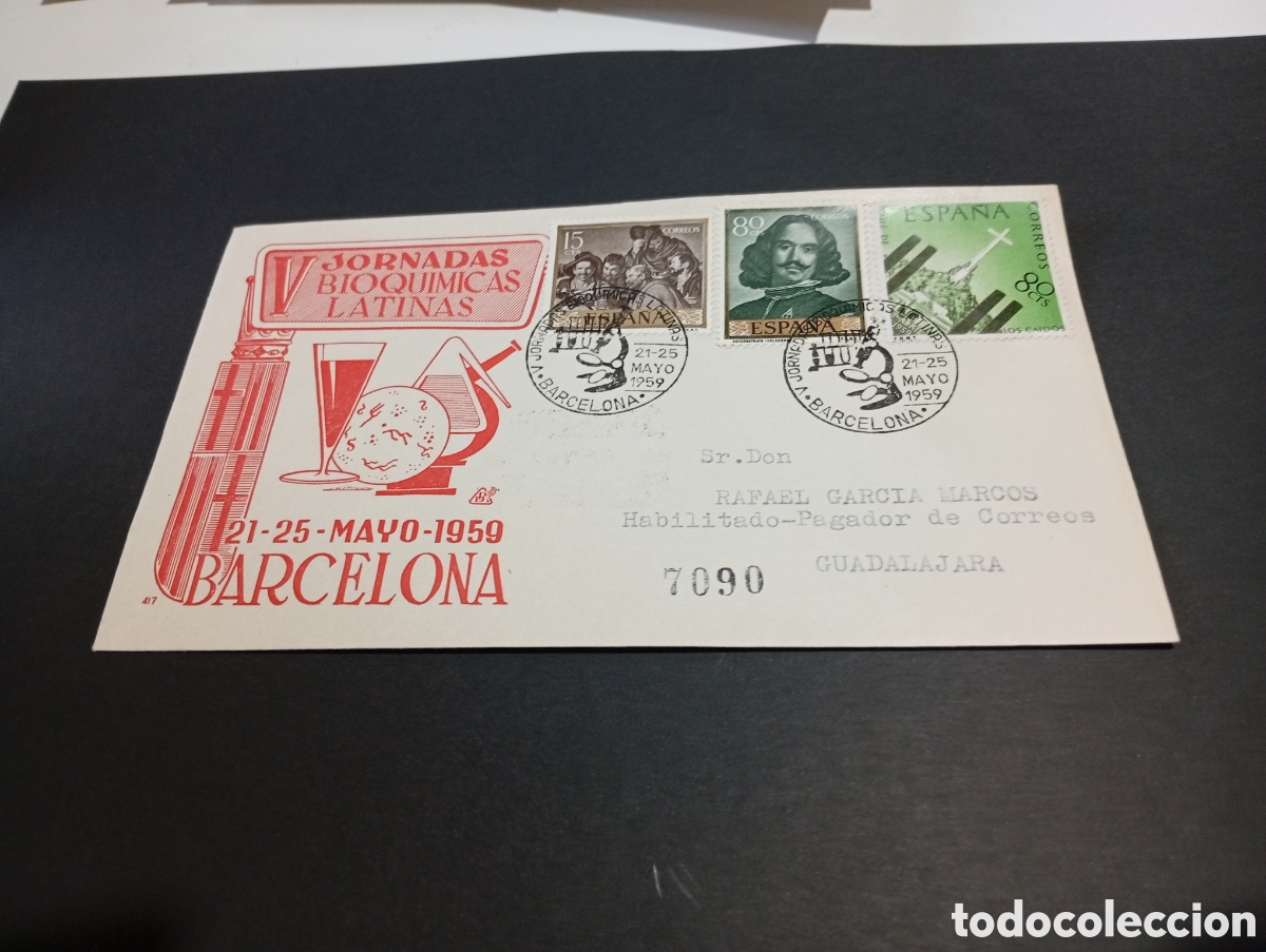 Sellos: Sobre primer d&iacute;a de circulaci&oacute;n V jornadas bioqu&iacute;micas latinas, Barcelona 1959
