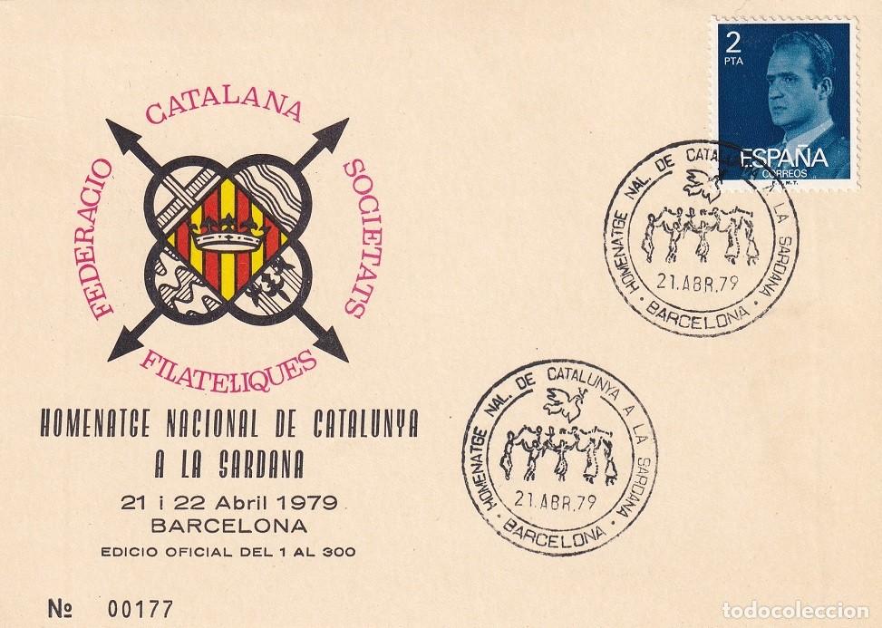 Sellos: Tarjeta Barcelona 1979 - Homenatge nacional de Catalunya a la Sardana - N&ordm; 177 de 300 - Matasellos
