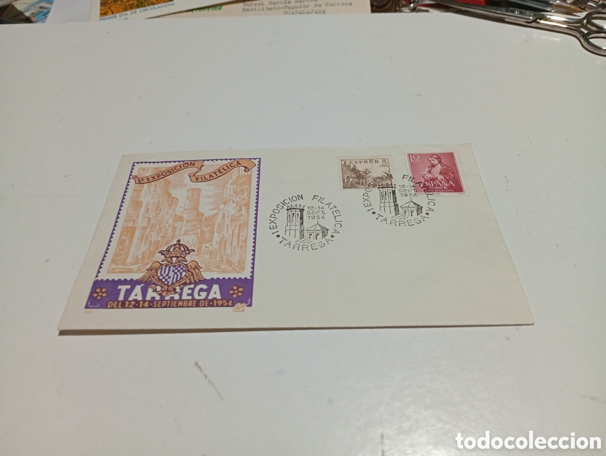 Sellos: Sobre primer d&iacute;a de circulaci&oacute;n 1 exposici&oacute;n filat&eacute;lica T&aacute;rrega 1954