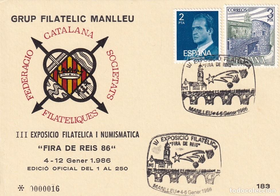 Sellos: Tarjeta Manlleu 1986 - III Exposici&oacute; Filat&egrave;lica i Numism&agrave;tica Fira de Reis 86 - N&ordm; 16 de 250