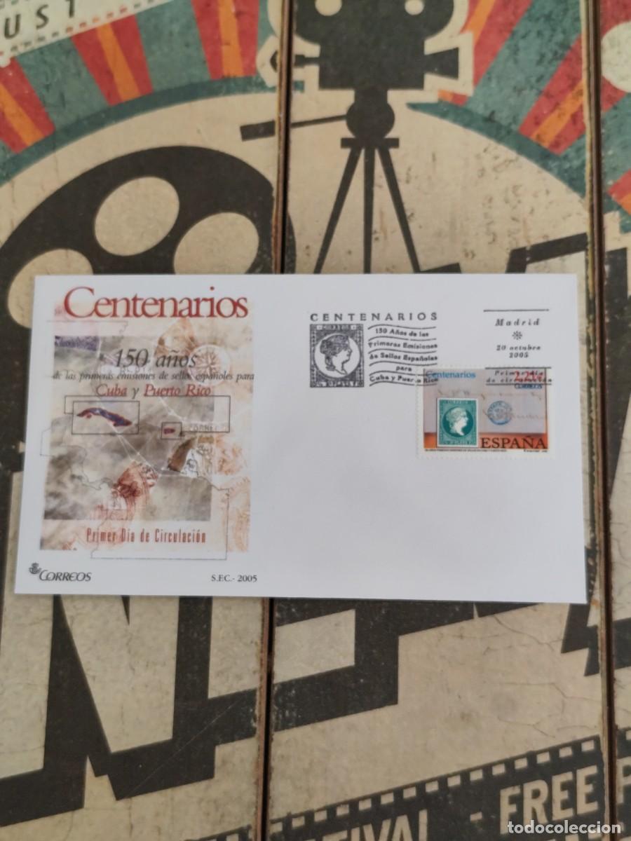 Sellos: 232 Centenarios 150 Aniversario primeras emisiones Cuba y Puerto Rico 20/10/05 Sobre primer d&iacute;a