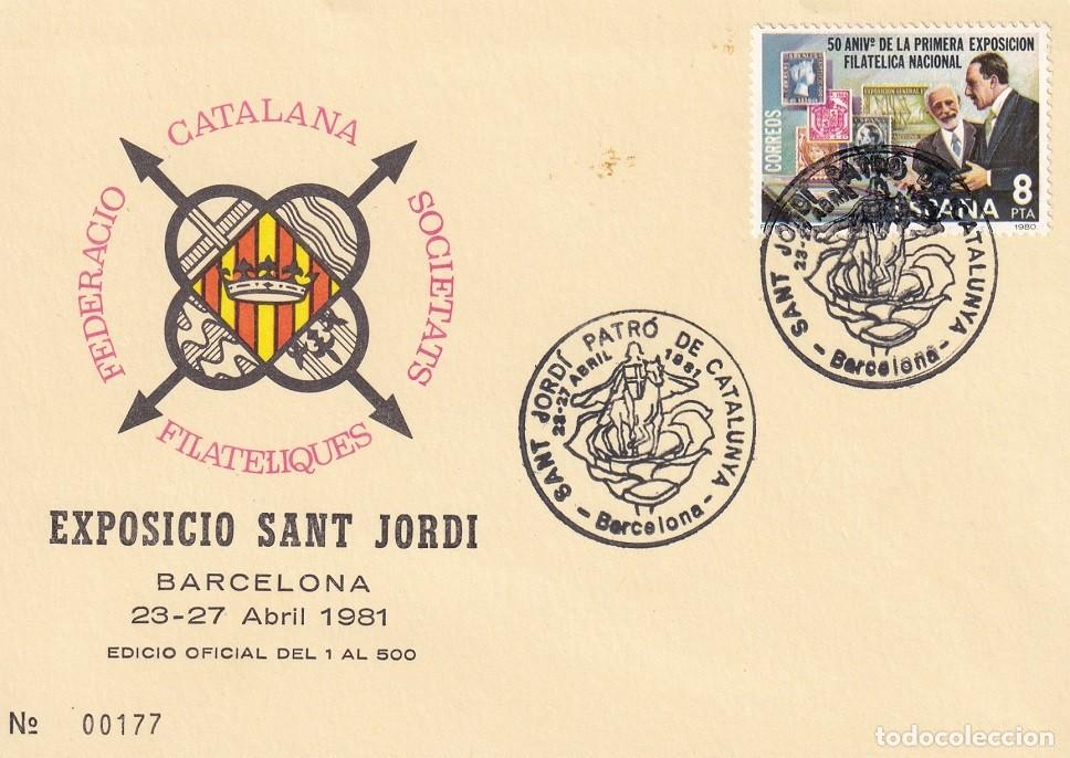 Sellos: Tarjeta Barcelona 1981 - Exposici&oacute; Sant Jordi 81 patr&oacute; de Catalunya - N&ordm; 177 de 500 - Matasellos