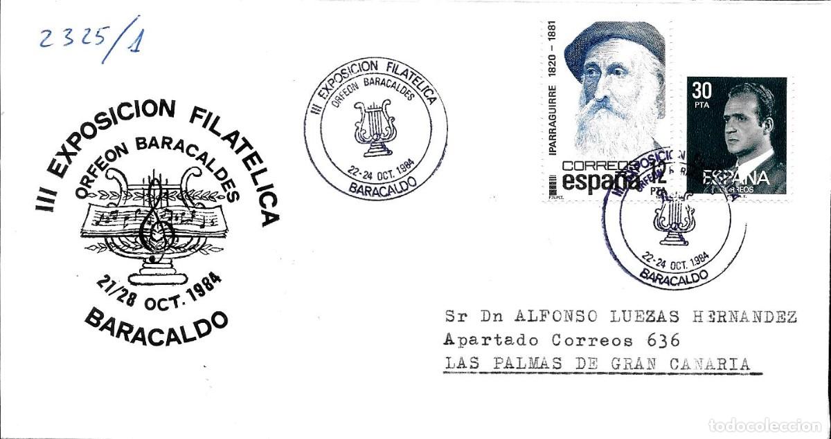 Sellos: SOBRE CONMEMORATIVO III EXP. FILAT&Eacute;LICA ORFEON BARACALDES-LIQUIDACI&Oacute;N