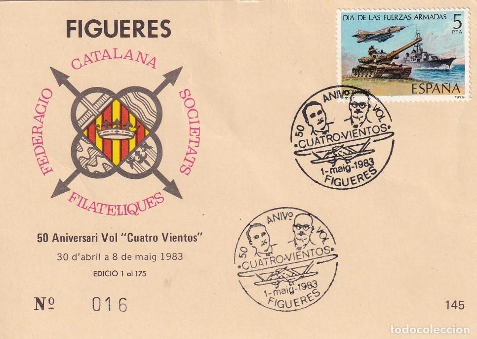 Sellos: Tarjeta Figueres 1983 - 50 Aniversari Vol Cuatro Vientos - Aviaci&oacute;n - N&ordm; 16 de 175 - Matasellos
