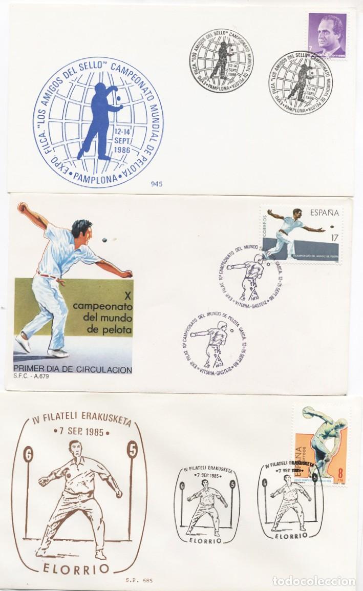 Sellos: TRES SOBRES PRIMER DIA PELOTA VASCA VITORIA ELORRIO PAMPLONA A&Ntilde;OS 1985 1986