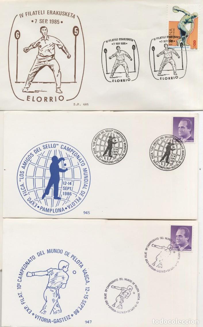 Sellos: TRES SOBRES PRIMER DIA DE CIRCULACION PELOTA VASCA ELORRIO PAMPLONA VITORIA BASAURI A&Ntilde;OS 1985 1986
