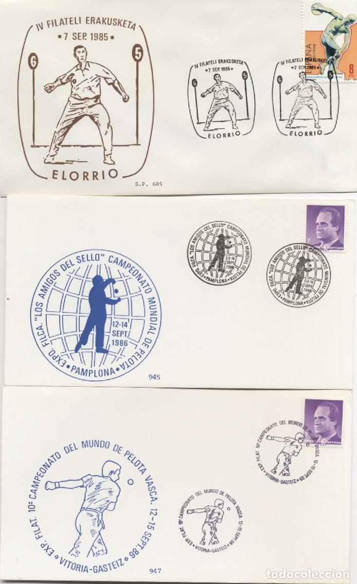 Sellos: TRES SOBRES PRIMER DIA DE CIRCULACION PELOTA VASCA ELORRIO PAMPLONA VITORIA BASAURI A&Ntilde;OS 1985 1986