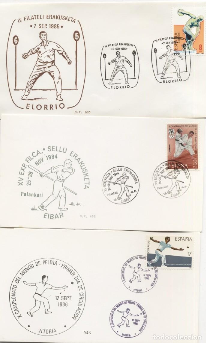Sellos: TRES SOBRES PRIMER DIA DE CIRCULACION PELOTA VASCA ELORRIO EIBAR VITORIA A&Ntilde;OS 1984 85 86