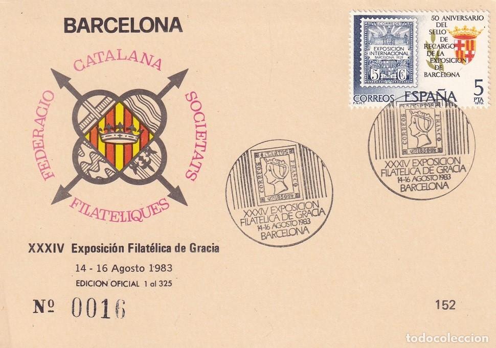 Sellos: Tarjeta Barcelona 1983 - XXXIV Exposici&oacute;n filat&eacute;lica de Gracia - N&ordm; 16 de 325 Matasellos especiales