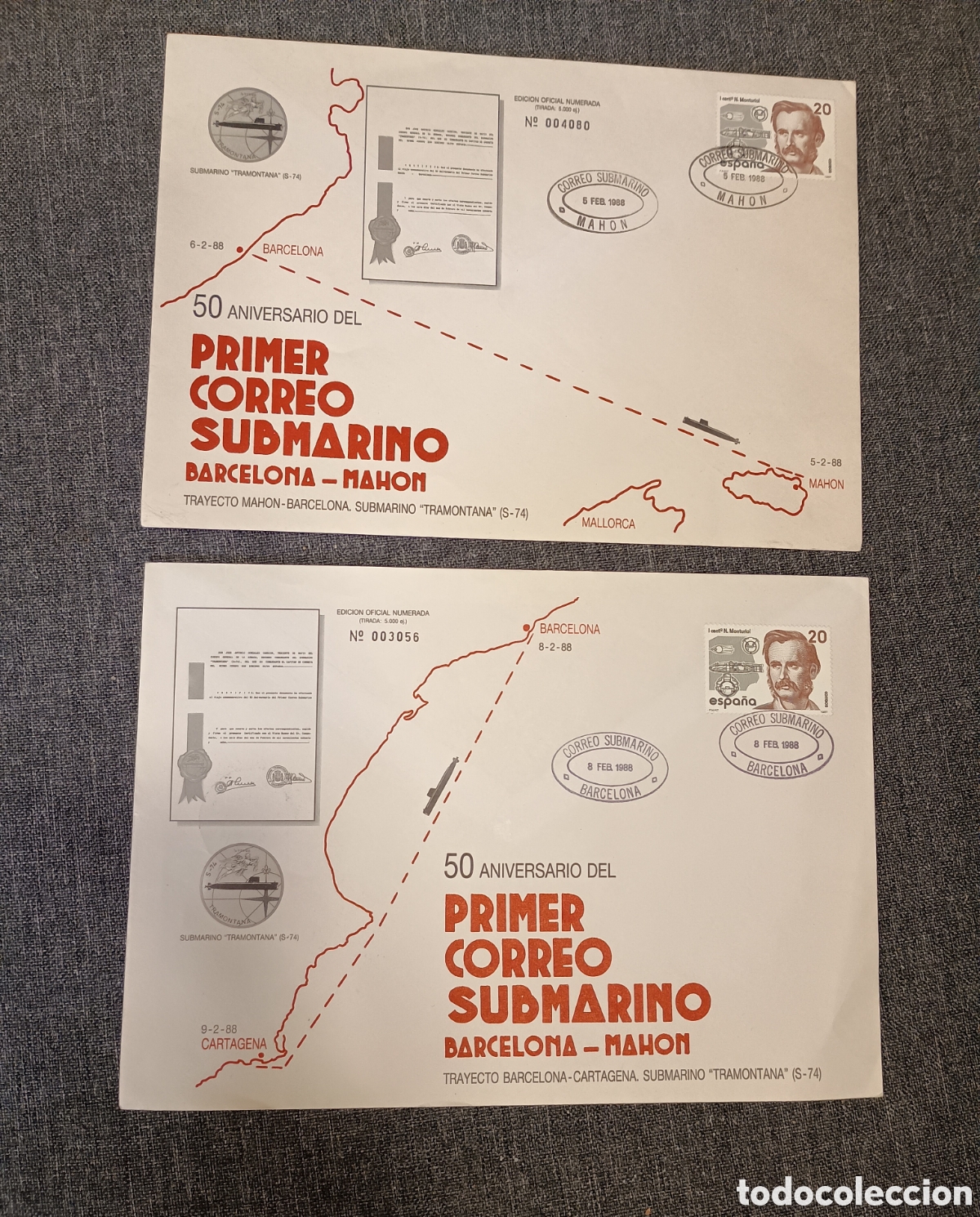 Stamps: ESPA&Ntilde;A 1988 - 50 ANIVERSARIO DEL PRIMER CORREO SUBMARINO BARCELONA - MAH&Oacute;N