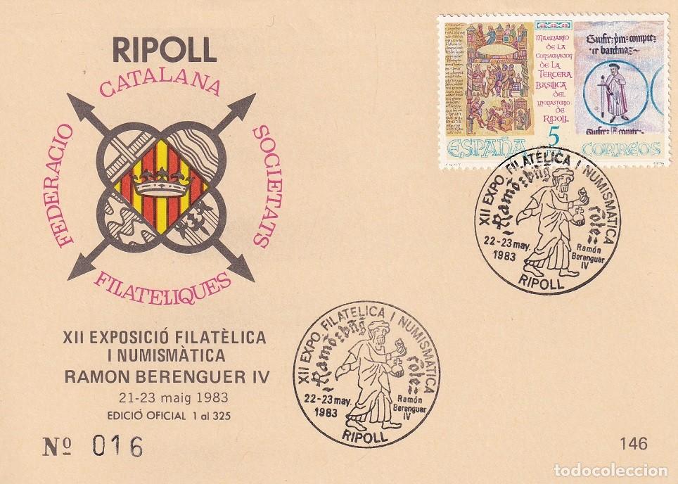 Sellos: Tarjeta Ripoll 1983 - XII Exposici&oacute; Filat&egrave;lica i Numism&agrave;tica Ramon Berenguer IV - N&ordm; 16 de 325